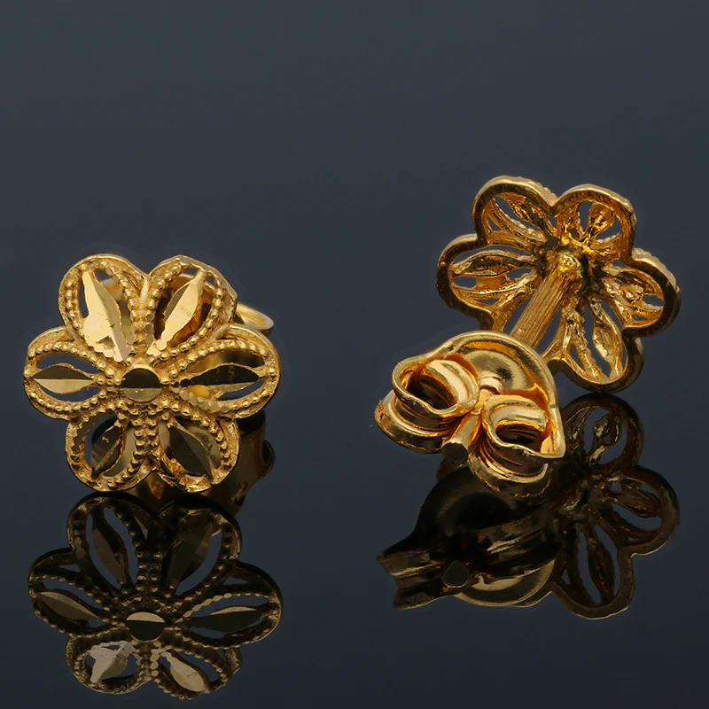 Gold Flower Shaped Stud Earrings 21KT - FKJERN21KU6011 - Image 3