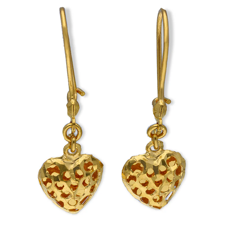 Gold Heart Shaped Drop Earrings 21KT - FKJERN21KU3166
