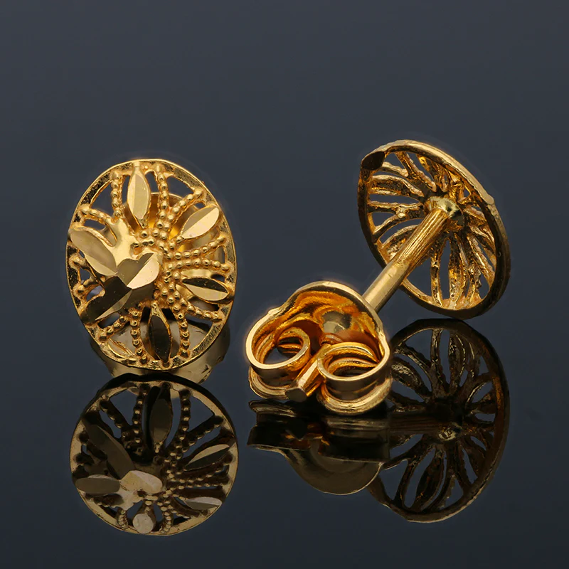 Gold Oval Shaped Stud Earrings 21KT - FKJERN21KU6014 - Image 3