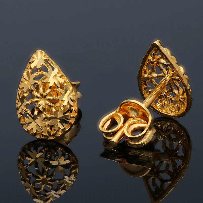 Gold Pear Shaped Stud Earrings 21KT - FKJERN21KU6016 - Image 3