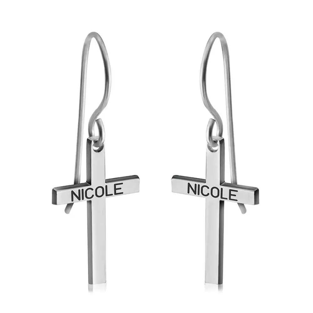 Gold & Silver Personalized Cross Name Earrings - FKJERNU6251 - Image 3