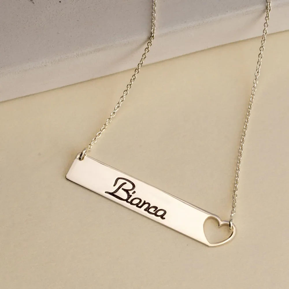 Gold & Silver Personalized Cut Out Heart Bar Necklace - FKJNKLU6179 - Image 4