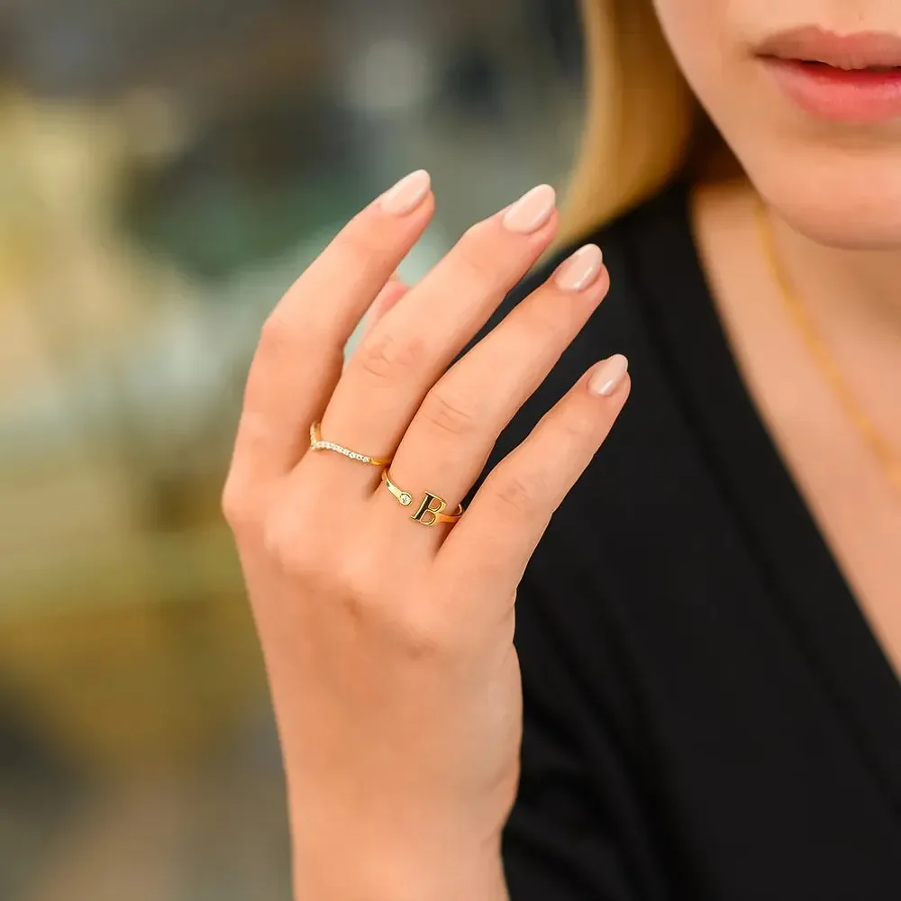 Gold & Silver Personalized Initial Letter Ring with Birthstone - FKJRNU6239 - Image 3