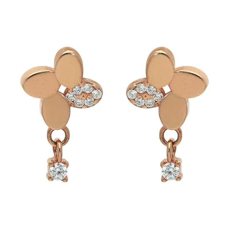 Sterling Silver 925 Rose Gold Plated Flower with Hanging Solitaire Drop Earrings - FKJERNSL2520