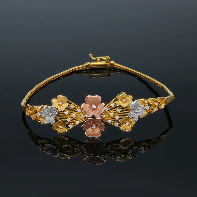 Tri Tone Gold Flowers Bracelet 21KT - FKJBRL21KU6050 - Image 2